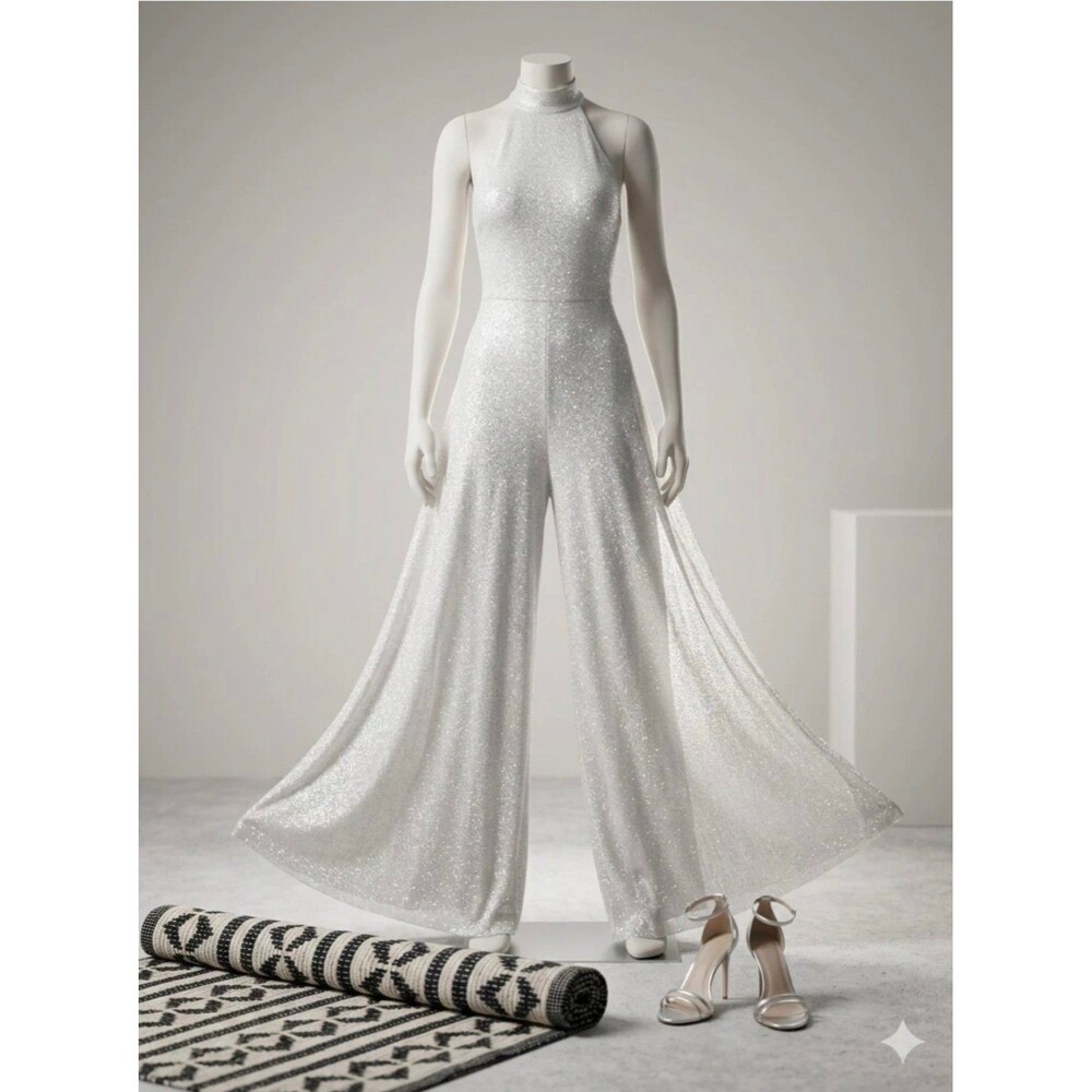 Msk High-Neck Sparkle-Mesh Wide-leg Jumpsuit - Ivory/Gold